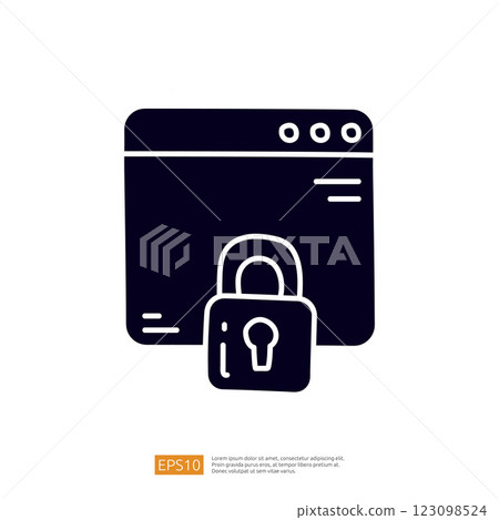 This image features a web browser window with a padlock symbol, representing online security and privacy. It emphasizes the importance of safeguarding information on the internet. 123098524