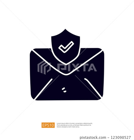 The image depicts a stylized envelope with a shield and checkmark, symbolizing secure communication or email protection. 123098527
