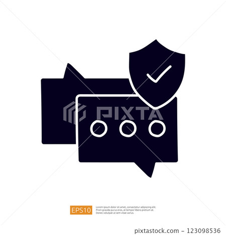 The image depicts two speech bubbles with a shield featuring a checkmark, symbolizing secure communication and protection of information. 123098536
