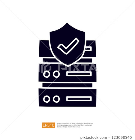 This image depicts a stack of servers with a shield icon featuring a checkmark, symbolizing data security and protection in technology. 123098540