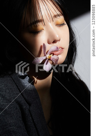 A shadowy and atmospheric portrait of a young woman wearing a jacket A shadowy and atmospheric portrait of a young woman wearing a jacket 123098885