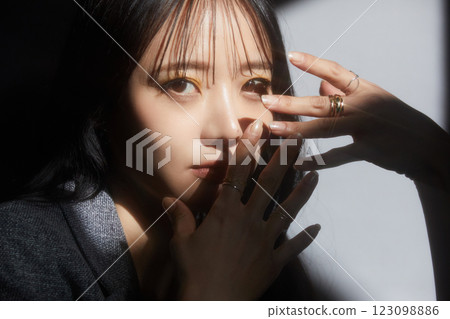 A shadowy and atmospheric portrait of a young woman wearing a jacket A shadowy and atmospheric portrait of a young woman wearing a jacket 123098886