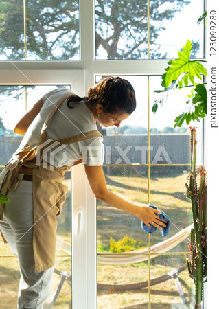 Woman in apron manually washes the window of house with rag cleaner and mop inside the interior with home plants on windowsill. Restoring order and cleanliness in the spring, cleaning servise Woman in apron manually washes the window of house with rag cleaner and mop inside the interior with home plants on windowsill. Restoring order and cleanliness in the spring, cleaning servise 123099280