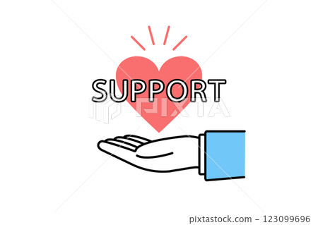 Illustration of a heart with the word support written on it and the hand of a person wearing a suit Illustration of a heart with the word support written on it and the hand of a person wearing a suit 123099696