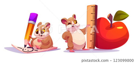 Cartoon hamster characters with school supplies 123099800
