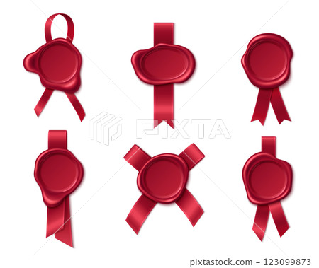 Red wax seals collection with satin ribbons 123099873
