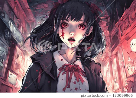 Horror illustration of a girl with bloodshot eyes covered in blood 123099966