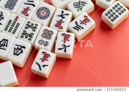Mahjong tiles on a red background Mahjong tiles on a red background 123100215