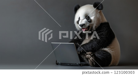 Fluffy panda sitting with laptop, looking playful and curious 123100303