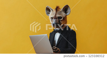 Hyena in black suit using laptop against yellow background 123100312