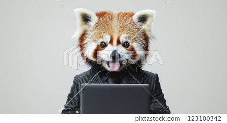 Red panda in suit holding laptop, showcasing playful expression 123100342