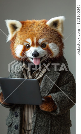 red panda in stylish coat holds laptop, showcasing playful expression 123100343