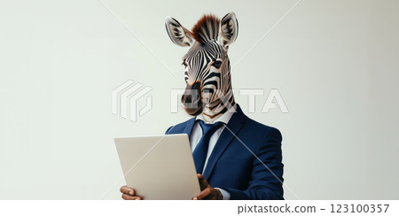 Zebra in navy blue suit holding laptop, showcasing unique style 123100357