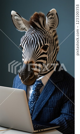 zebra navy blue suit working laptop, showcasing unique blend of professionalism and whimsy 123100358