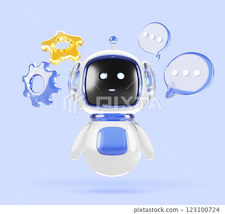3d glass ai robot character with speech bubble and gear icon on blue render background. Chat bot mascot, cute chatbot virtual support assistant with artificial intelligence technology. 3D illustration 3d glass ai robot character with speech bubble and gear icon on blue render background. Chat bot mascot, cute chatbot virtual support assistant with artificial intelligence technology. 3D illustration 123100724