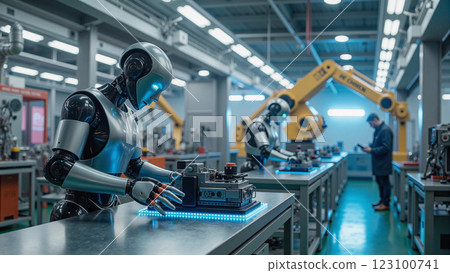 a humanoid robot is diligently working on complex electronic components. 123100741