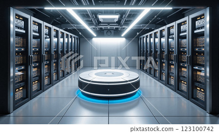 A futuristic server room with advanced computing technology. 123100742