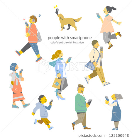 人們用智慧型手機享受生活 - 色彩繽紛、時尚的平面插圖 123100948