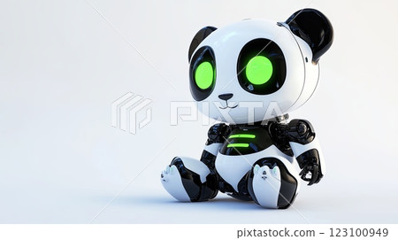 A small robotic panda with glowing green eyes sitting on a clean, minimal background digital A small robotic panda with glowing green eyes sitting on a clean, minimal background digital 123100949
