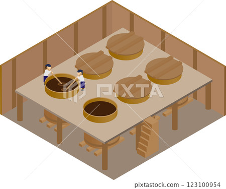 Illustration of craftsmen making soy sauce in an isometric soy sauce brewery 123100954
