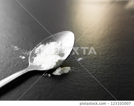 Heroin Narcatic Crime Needle in Spoon, Addition Medical Treatment Pharmaceutical Depression Drug Addiction, Powder Pill Substance Death, Concept Overdose Dose Danger Addict Problem Criminal. 123101007