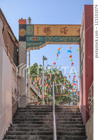 Dec 28 2024 Festive Decorations Under Gateway with Staircase, Cheung Chau 123101074