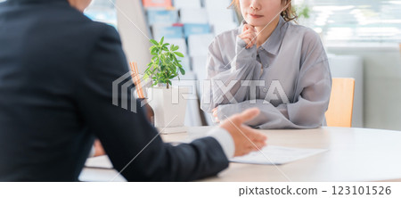 A woman who came to consult about insurance and a male businessman who serves her A woman who came to consult about insurance and a male businessman who serves her 123101526