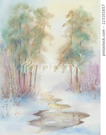 Thaw, fog in the winter forest Thaw, fog in the winter forest 123101657