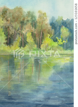 Reflection of mixed forest in the lake Reflection of mixed forest in the lake 123101658