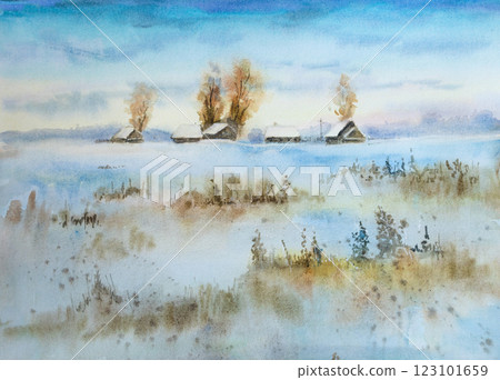 Village beyond the field on a winter day Village beyond the field on a winter day 123101659