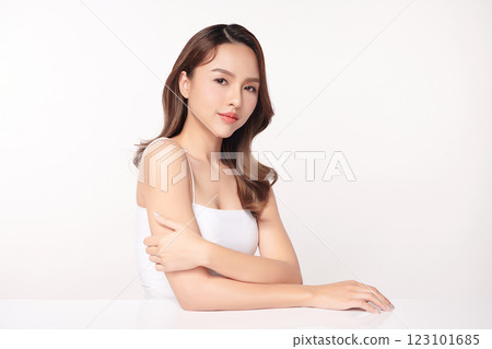 Beautiful young asian woman with clean fresh skin on white background, Face care, Facial treatment, Cosmetology, beauty and spa, Asian women portrait. Beautiful young asian woman with clean fresh skin on white background, Face care, Facial treatment, Cosmetology, beauty and spa, Asian women portrait. 123101685