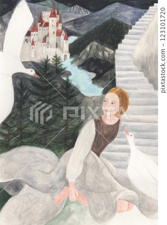 受灰姑娘故事啟發而繪製的一幅風景和女人的水彩鉛筆插畫。 受灰姑娘故事啟發而繪製的一幅風景和女人的水彩鉛筆插畫。 123101720