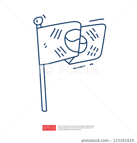 A simple line drawing of a flag featuring a circular symbol, possibly representing a country or organization, waving in the wind. 123101824