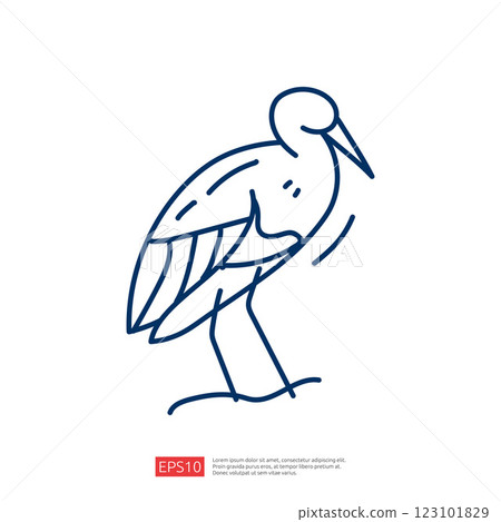 A simple line drawing of a bird, likely a heron or stork, standing on one leg in a minimalist style. The illustration emphasizes elegance and nature. A simple line drawing of a bird, likely a heron or stork, standing on one leg in a minimalist style. The illustration emphasizes elegance and nature. 123101829