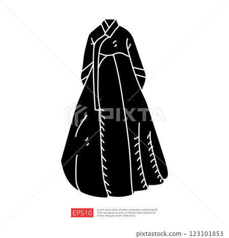 A minimalist illustration of a traditional Korean hanbok, showcasing its elegant silhouette and flowing design. 123101853