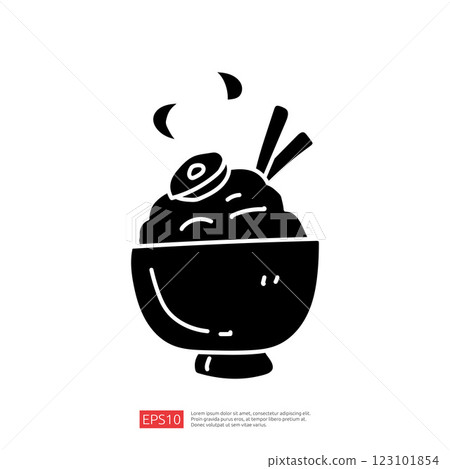 A stylized black and white illustration of a bowl filled with food, topped with a small item and chopsticks, representing a culinary dish. 123101854