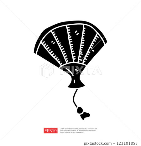 A stylized illustration of a fan, featuring a curved shape with lines representing the blades and a dangling string, suggesting movement or cooling. 123101855