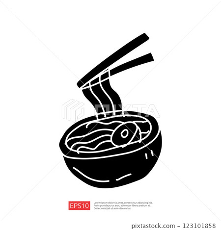 A minimalist illustration of a bowl of noodles with chopsticks, showcasing a simple yet appetizing design. 123101858