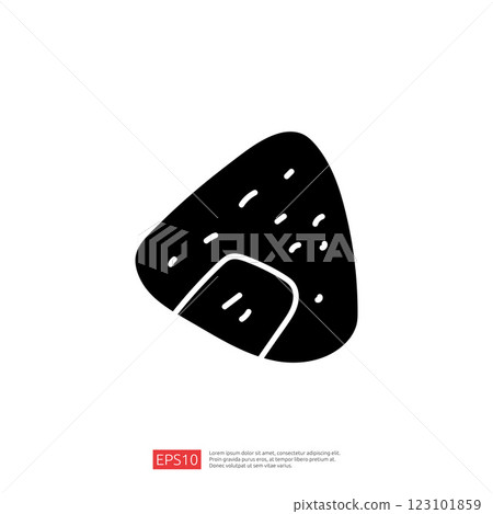 A simple black and white illustration of a triangular rice ball with a small opening, representing a popular Japanese snack. 123101859