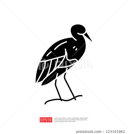 A stylized black silhouette of a bird, likely a heron, stands gracefully on one leg, emphasizing its elegant form and posture. A stylized black silhouette of a bird, likely a heron, stands gracefully on one leg, emphasizing its elegant form and posture. 123101862