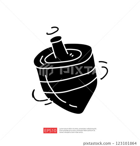 A simple black silhouette of a spinning top, illustrating motion and playfulness, often associated with childhood games and entertainment. 123101864