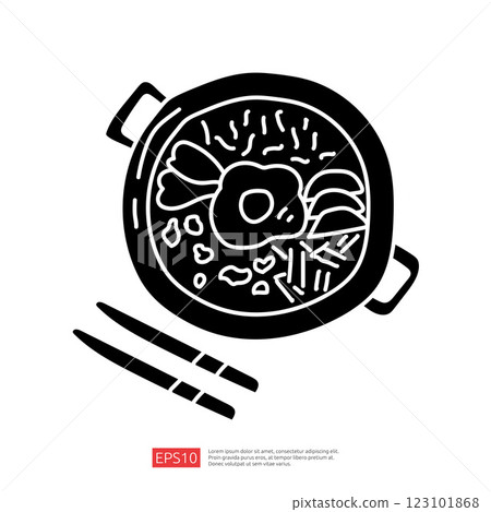 A top-down illustration of a bowl filled with noodles, vegetables, and meat, accompanied by chopsticks, emphasizing a culinary theme. 123101868