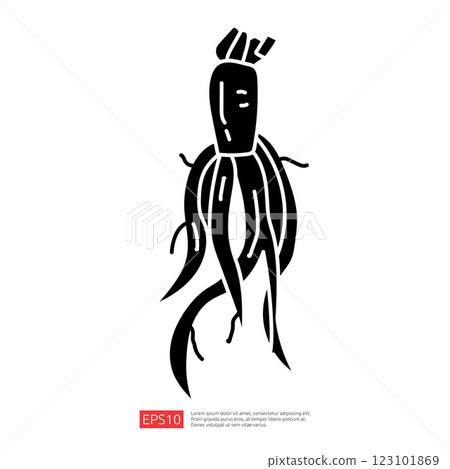 A stylized black silhouette of a squid, featuring elongated tentacles and a simplistic body shape, likely intended for graphic design or artistic purposes. 123101869