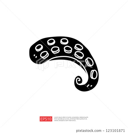 A stylized black and white illustration of a squid or octopus tentacle, featuring circular suckers along its length, emphasizing a whimsical design. A stylized black and white illustration of a squid or octopus tentacle, featuring circular suckers along its length, emphasizing a whimsical design. 123101871