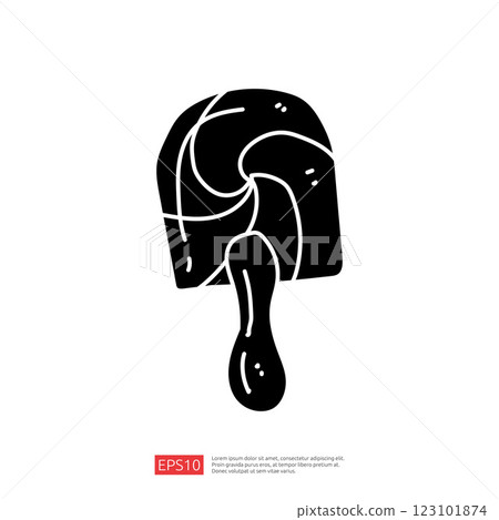 A stylized black and white illustration of a popsicle with a swirl design, depicting a sweet treat that evokes a sense of fun and leisure. 123101874