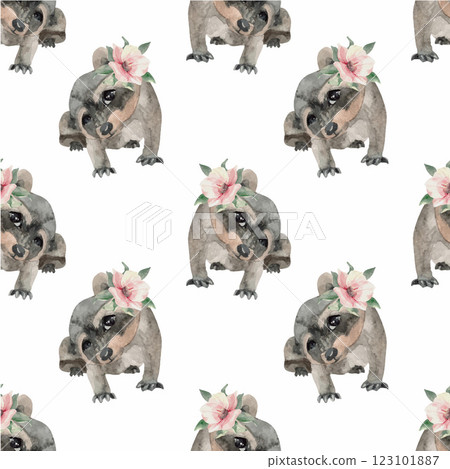 watercolor raccoon animal baby illustration seamless pattern isolated on white 123101887