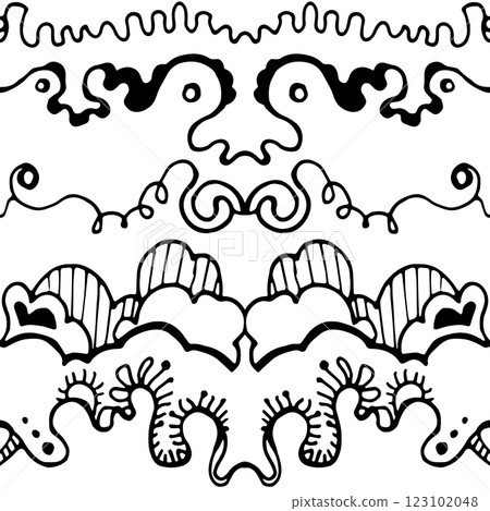 ethnic border set, seamless pattern, black and white ethnic border set, seamless pattern, black and white 123102048