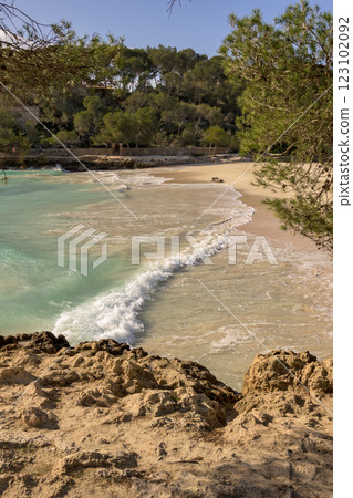Serene beach with gentle waves and sandy shore surrounded by trees, cala mondrago, mallorca, balearic island, spain Serene beach with gentle waves and sandy shore surrounded by trees, cala mondrago, mallorca, balearic island, spain 123102092