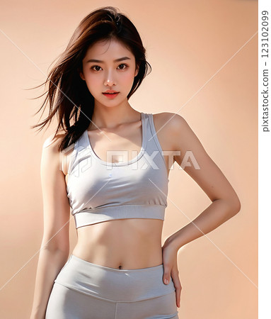 身材很好的美麗年輕女子穿著運動服（瑜伽服）鍛煉，瑜伽圖像AI生成 123102099