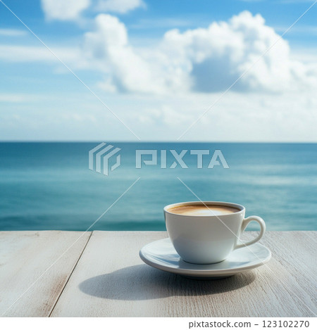 Drinking coffee at a cafe with a view of the sea AI image Drinking coffee at a cafe with a view of the sea AI image 123102270